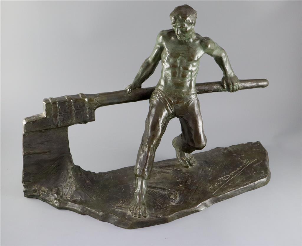 Victor Demanet (1895-1964). A bronze figure of a barge man operating a lock gate, width 26in. height 17in.